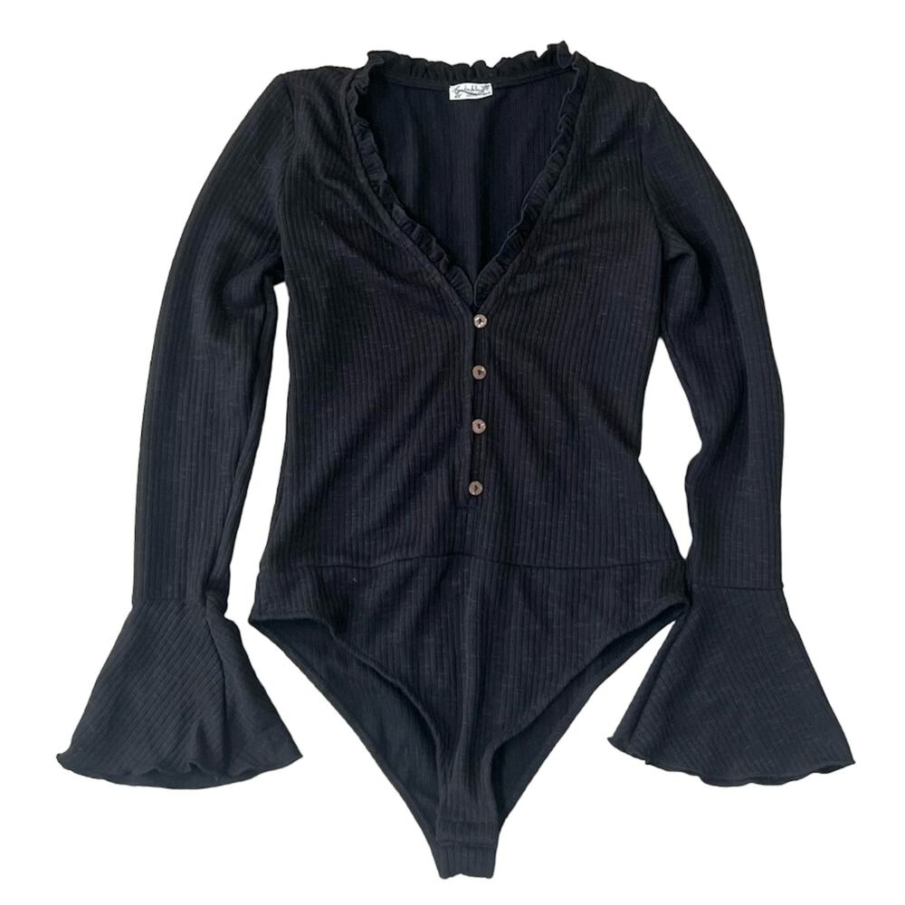 FREE PEOPLE INTMATELY BLACK JACKIE HENLEY RUFFLE BELL SLEEVE BODYSUIT TOP XS - Picture 2 of 7